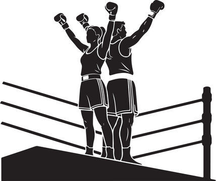 Silhouette of two boxers celebrating victory in a boxing ring with raised arms. Strong, motivational sports concept ideal for fitness, competition, and achievement themes.