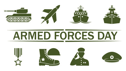 armed forces day military icons illustration with tank missile warship and soldier symbols, vector design representing army navy air force strength defense and national security concept  © VectorCraze