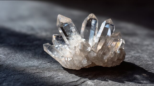 Pristine quartz crystal cluster: crystal prisms, clear facets, subtle reflections