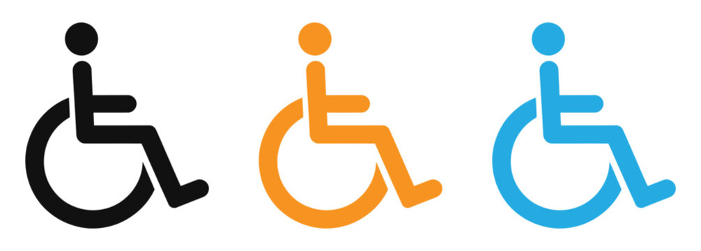 Wheelchair accessibility icons in black, Orange, And blue for disability awareness vector illustration