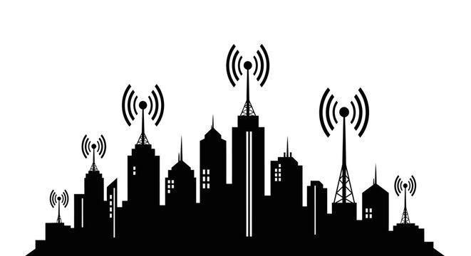 City skyline, urban landscape, communication towers, black silhouette, wireless signals