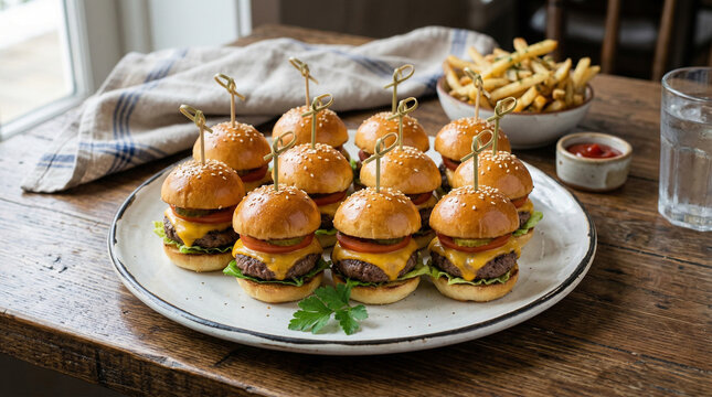 plate of mini cheeseburger sliders arranged neatly