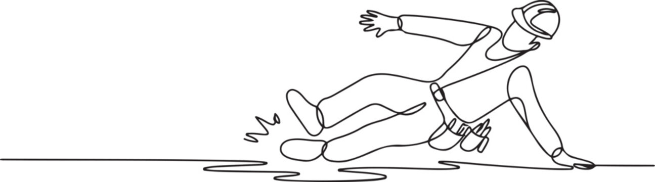 slip and fall accident a construction worker and a person slipping on a wet or icy floor.one line art in white background