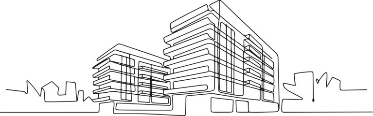 continuous one line drawing of two modern apartment buildings a residential real estate complex in the city vecto.one line art in white background © alimon