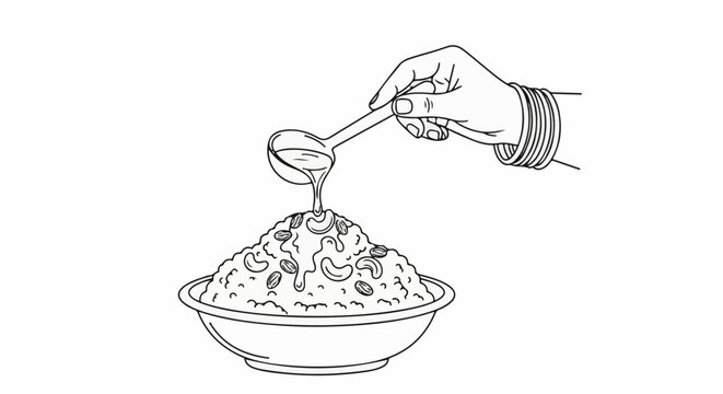 Hand with bangles pouring liquid onto a bowl of nuts and raisins