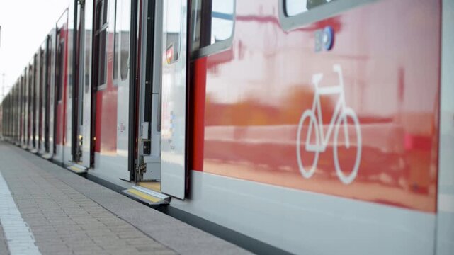 Person With Baby Stroller Boarding Modern Red Train at Urban Station Platform