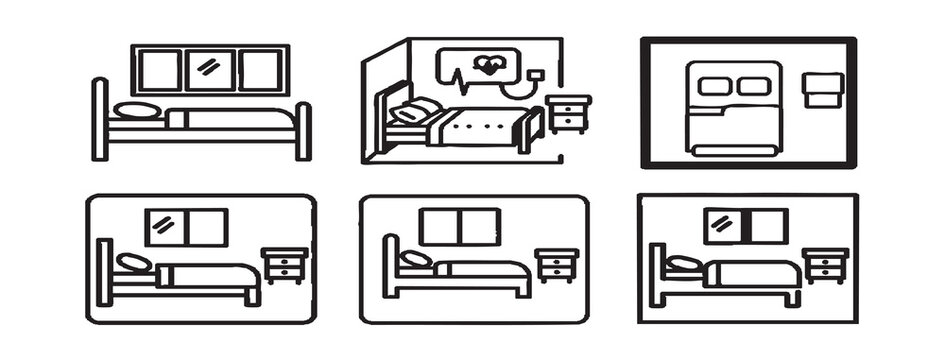 Various hotel room interior designs are shown in different illustrations and viewpoints.