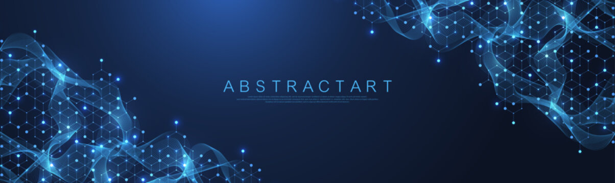Molecular abstract structure and genetic engineering DNA. Healthcare and medicine background concept. Scientific research background. Wave flow. Innovation pattern. Vector illustration.