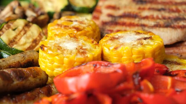 Healthy BBQ platter with vegetable, sausages and meat