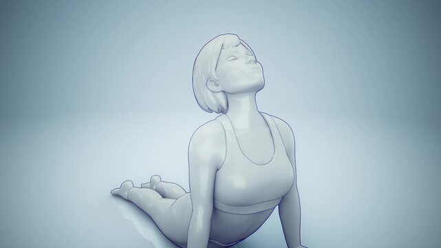 Conceptual 3D animation of a woman practicing yoga urdhva mukha svanasana