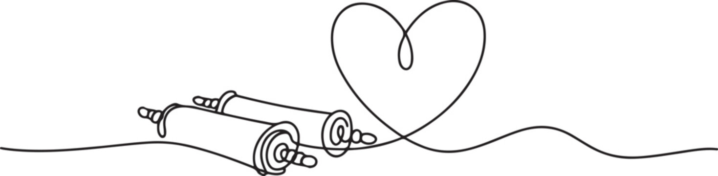 Torah scroll and heart. One continuous line drawing illustration of jewish Torah scroll.one line art in white background