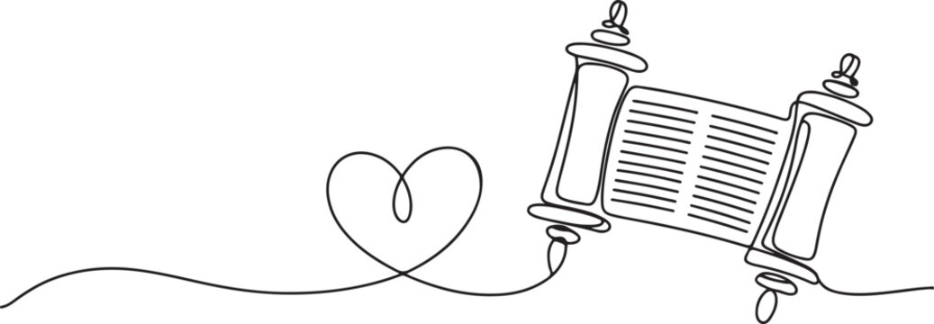 Torah scroll and heart. One continuous line drawing illustration of jewish Torah scroll.one line art in white background