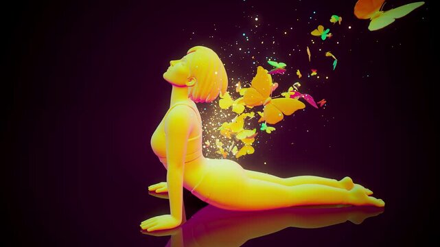 Conceptual 3D animation of a woman practicing yoga urdhva mukha svanasana with butterflies
