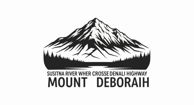 Majestic mountain peak above a forest and river, with bold text below