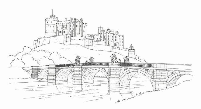 Majestic stone bridge with lion statues leads to a castle on a hill