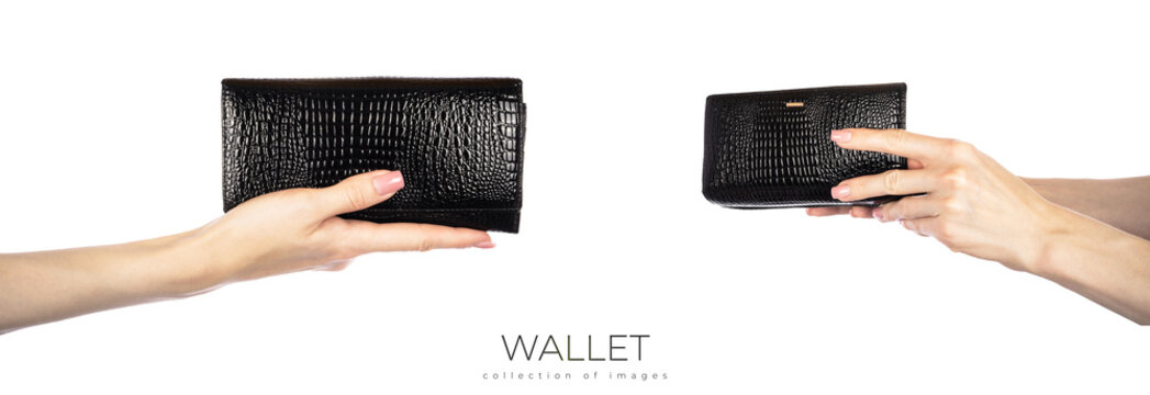 Black modern women's leather wallet in hand isolated on white background.