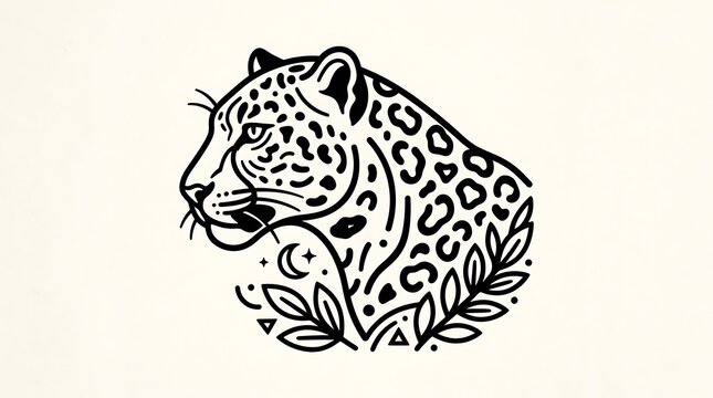 Minimalist Leopard Head Line Art with Moon