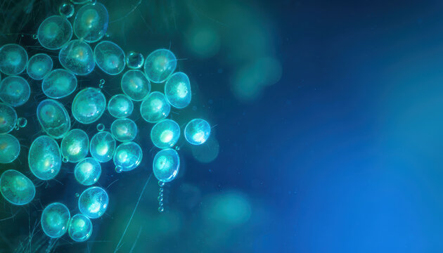 Microscopic cell biotech advanced research laboratory science microscopy blue cell cluster for advanced biotech research