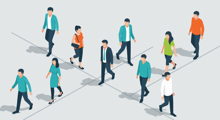 Fototapeta premium Isometric view of diverse people walking in different directions on a grey background