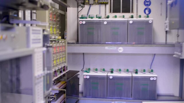Industrial Battery Bank and Control Panels in Electrical Equipment Room Interior
