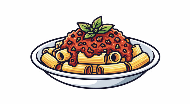 Hearty bowl of rigatoni pasta with rich tomato meat sauce and basil garnish