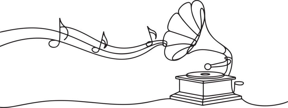 Vintage gramophone playing romantic music.one line art in white background