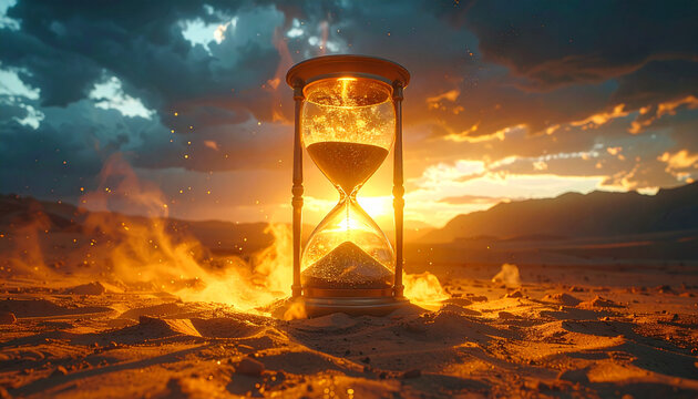 Giant glowing hourglass stands in vast empty desert with sand falling, dramatic sunset sky, surreal atmosphere, warm light, conceptual art, solitude, mystery