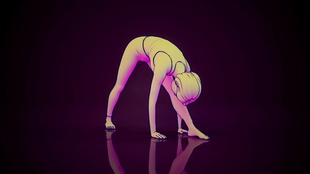 Conceptual 3D animation of a woman practicing yoga uttanasana