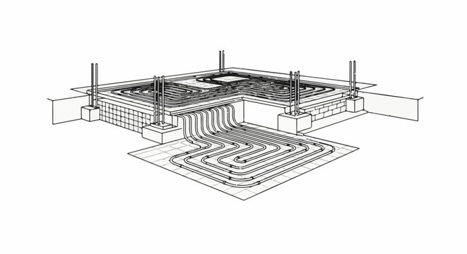 Isometric view of underfloor heating pipes being installed within a building foundation