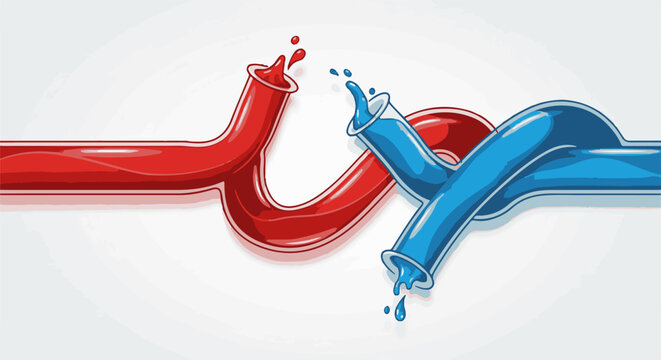 Intertwined red and blue tubes with liquid splashing from their open ends