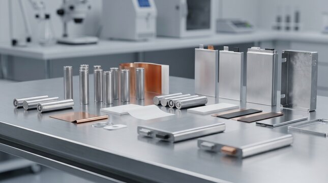 Lithium-Ion Battery Cells and Components on Laboratory Table for Electric Vehicle Manufacturing