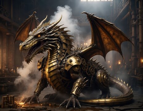 Imposing Mechanical Dragon with Metallic Armor and Large Bat Wings in Factory Setting