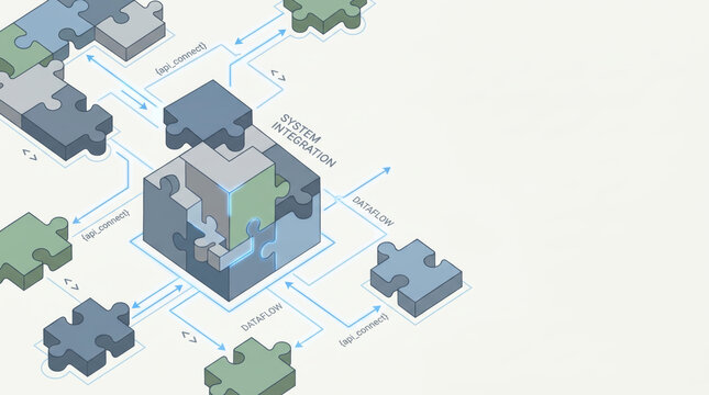 System Integration Concept for SaaS Developer Tools and Enterprise IT Startups Featuring Isometric Puzzle Pieces Representing Dataflow API Connections and Software Architecture Infrastructure