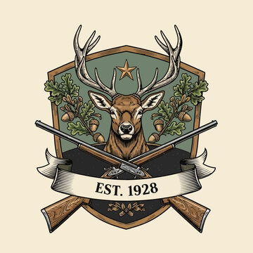 Deer head with large antlers logo.