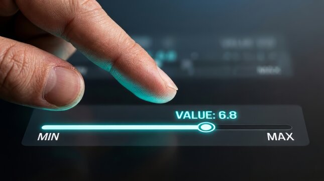 Close up of finger touching digital slider on touch screen interface, adjusting value to 68, technology concept