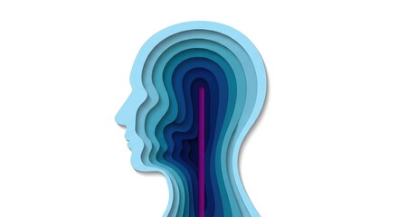 Naklejka premium Profile silhouette of a human head constructed from layered blue paper cutouts.