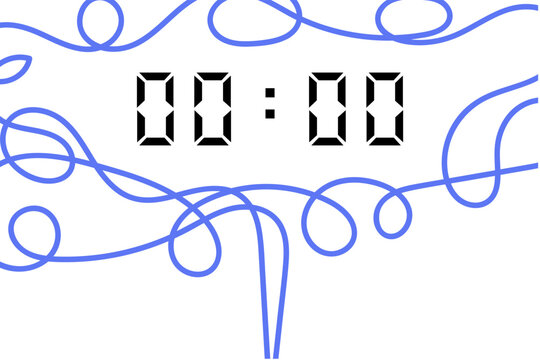 digital clock showing 00:00 with blue abstract lines on a white background. Digital clock display with modern and minimalist design. Perfect for time management concepts, technology themes, schedules,