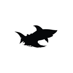 Fototapeta premium Shark silhouette depicted in a sharp minimalist graphic style shows a powerful ocean predator emerging from stylized waves for use in nautical themes or creative coastal design projects.