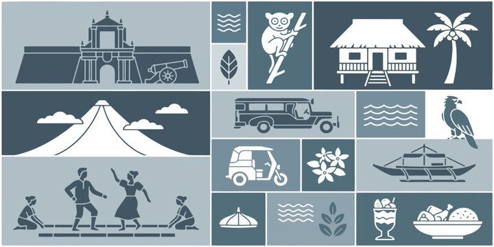 Collection of Philippine cultural icons and landmarks in a minimalist flat design style.