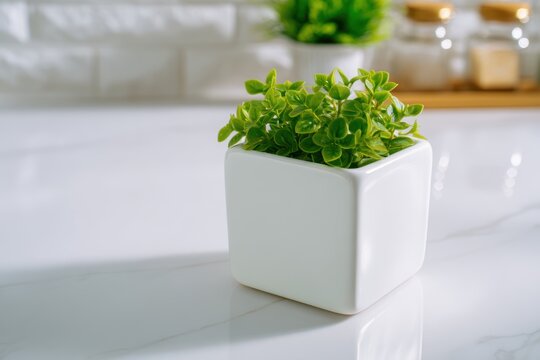 緑の植物は光沢のあるキッチンカウンターの白い鍋に置かれています