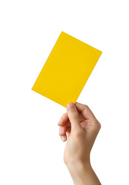 Hand holding a bright yellow card isolated on transparent background