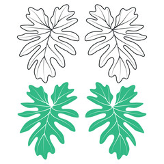 Black Line Art and Green Silhouette Philodendron Tropical Leaf Vector Set. © Creativefab