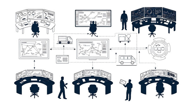 Top-Down Industrial Supply Chain Control Center with Digital Dashboards, Transport Links and Operational Workflow Architecture CAD Silhouette Vector Illustration