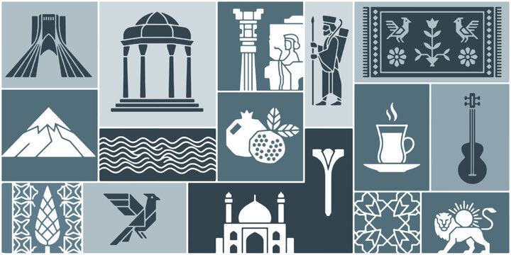 Collage of Iranian cultural symbols, landmarks, and traditional elements in a mosaic pattern.