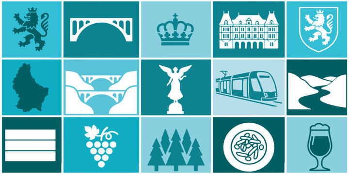 Collage of Luxembourg landmarks and symbols, including a lion, bridges, crown, castle, tram, and vineyards.