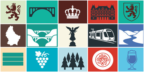 Fototapeta premium Collection of stylized icons representing Luxembourg landmarks, symbols, and culture.