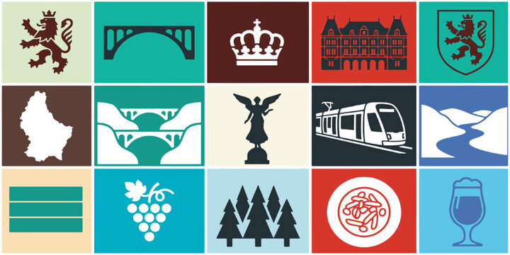Collection of stylized icons representing Luxembourg landmarks, symbols, and culture.