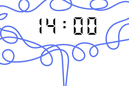 digital clock showing 14:00 with blue abstract lines on a white background