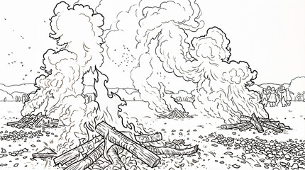 Obraz premium Coloring page of multiple bonfires outdoors with smoke rising — atmosphere of ancient fire ritual or festival, solemn and mystical