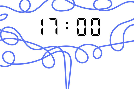 digital clock showing 17:00 with blue abstract lines on a white background